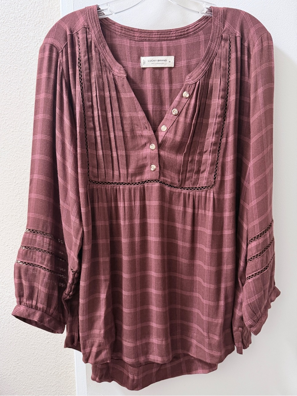 Lucky Brand Burgundy-Mauve Plaid Button-Pintuck Tunic